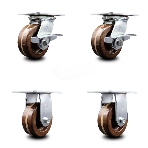 5 Inch High Temp Phenolic Caster Set with Roller Bearing 2 Brakes and 2 Rigid